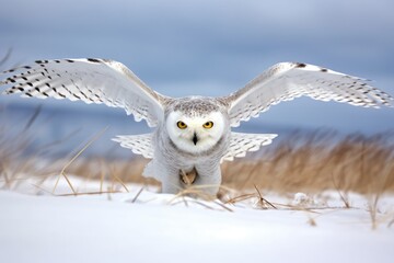 snowy owl diving towards a snow-covered field, targeting its prey