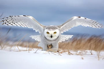 Papier Peint photo Harfang des neiges snowy owl diving towards a snow-covered field, targeting its prey