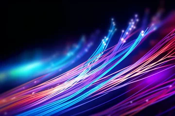 Zelfklevend Fotobehang Colorful optic fiber electrical cables wires neon waves lines abstract 3d ai design background pattern glow colored streams information optical connection internet web multicolor data led technology © Yuliia