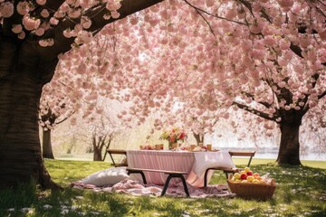 spring picnic setup under blossoming trees