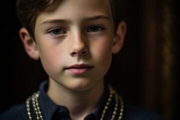Close-up portrait photography of a glad boy in his 30s wearing a chic pearl necklace at the palace of westminster in london england. With generative AI technology - obrazy, fototapety, plakaty