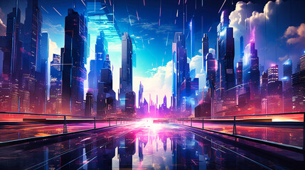 Revel in the cityscape of towering neon glass skyscrapers