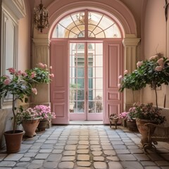 Garden design of French apartment, Outdoor furniture, muted pink, english outdoor