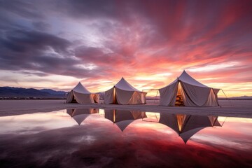 Fototapeta na wymiar tents in the desert with dramatic sunset backdrop