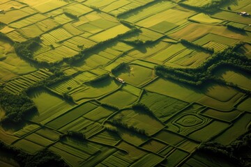 vast agricultural fields forming geometric patterns below