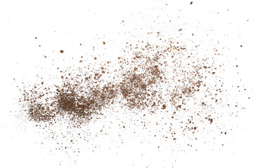 Soil, dirt scattered isolated on white background and texture, top view
