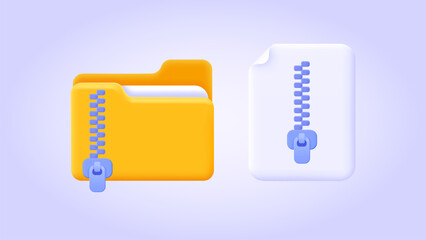 Folder and file icon with zipper, compressed document and directory. 3d icon set for landing page. Three dimensional vector illustration collection for website, print, banner, software, application © Karina