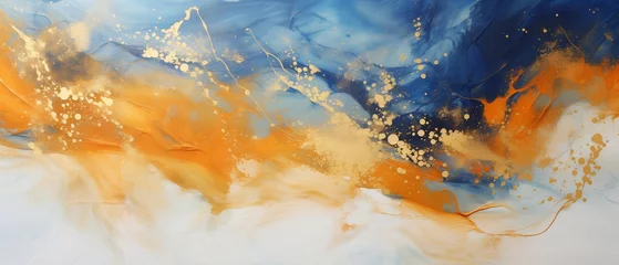 Fotobehang Tło - olej na płótnie. Dekoracyjna złota farba. Piękny obraz. Sztuka nowoczesna. Plamy w kolorze granatowym i pomarańczowym © yeseyes9