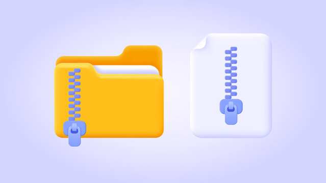 Folder and file icon with zipper, compressed document and directory. 3d icon set for landing page. Three dimensional vector illustration collection for website, print, banner, software, application