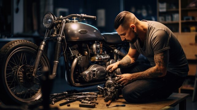 Muscular young man repairing motorcycle in auto repair shop