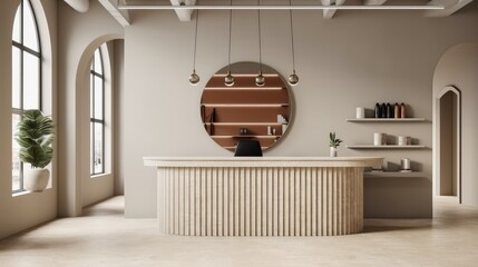 Luxury hairdressing and beauty salon, Beige modern barbershop interior with reception desk.