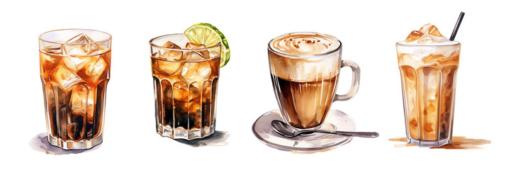 Watercolor hand drawn coffee cups, americano, flat white, espresso, tonic isolated on white background. Hand painted watercolor set with coffee drinks for cafe menu. 