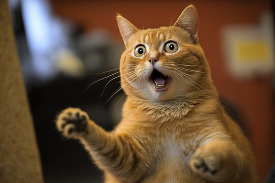 Funny surprised cat with a questioning pose. A cute kitten asks in surprise where the treats are.