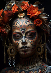 Naklejka premium Face make-up of a Mexican woman at the Dia de los Muertos holiday, surrealism.