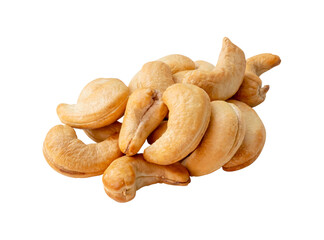 Top view of roasted brown cashew nuts in stack isolated on white background with clipping path.