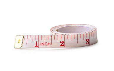 Old white rolling tape measure or tapeline with scale number isolated on white background with clipping path and shadow in png file format