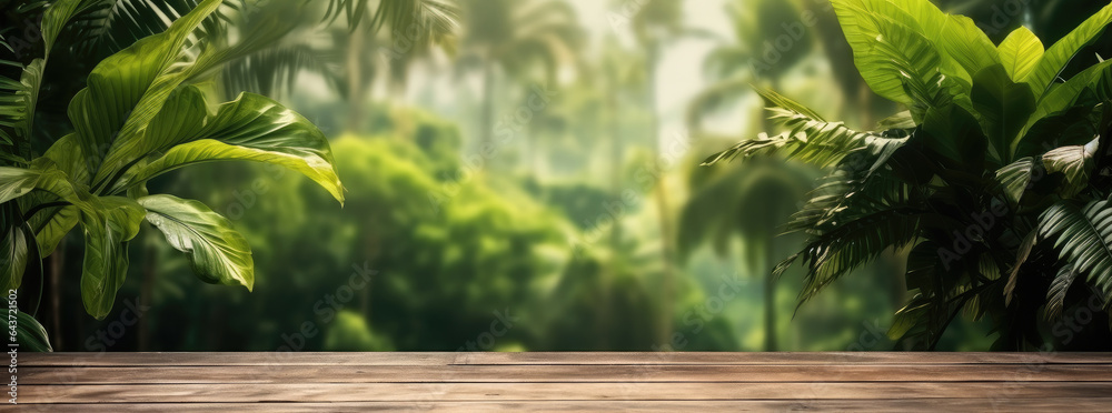 Poster the empty wooden table top with lush green rainforest amazon jungle leaves and plants in background,