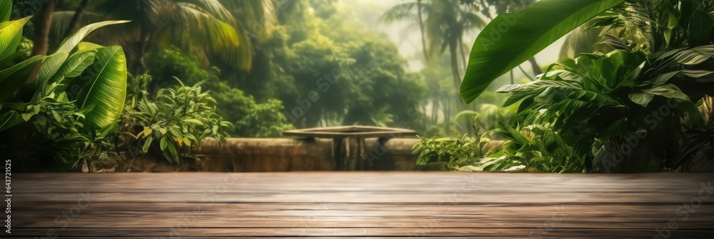 Aufkleber The empty wooden table top with lush green rainforest amazon jungle leaves and plants in background, Product display template.