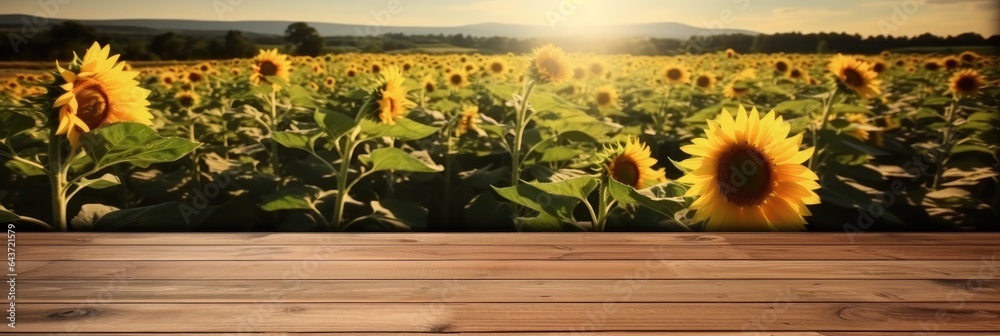 Poster The empty wooden table top with sunflower field background, Product display template.