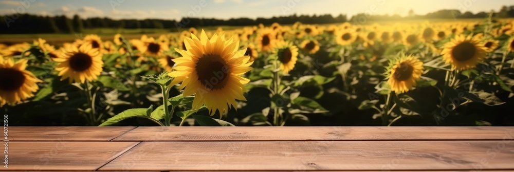 Poster The empty wooden table top with sunflower field background, Product display template.