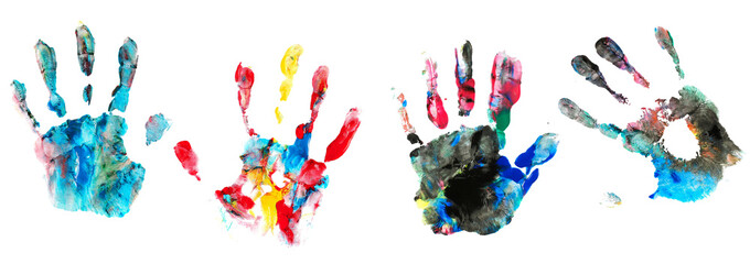 Set colorful hand print, paint watercolor isolated on white, clipping  