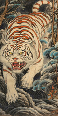 Japanese Ukiyo-e White Tiger Illustration,A White Tiger in a Traditional Japanese Painting
