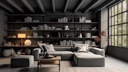 Modern home office and living room interior.