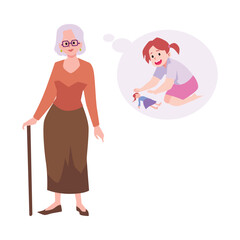 Nostalgic elderly woman remembers childhood, flat vector illustration isolated.