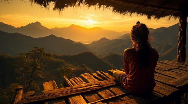 Picture from the back of a woman sitting on wooden porch extending into a high mountain cliff. The sun is setting on the mountain and there is a beautiful warm orange light. The traveling background.