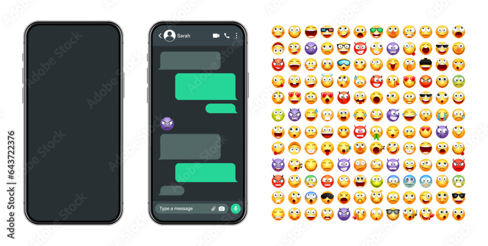 Wall mural smartphone messaging app, user interface with emoji. sms text frame. chat screen, green message bubb