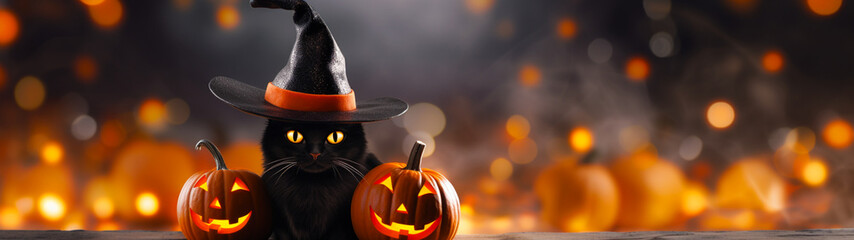 Festive banner with cute cat in witch hat on halloween background with orange pumpkins. Jack O Lantern. Postcard with copy space. Generative AI