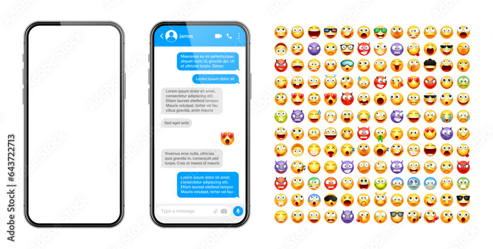 Wall mural smartphone messaging app, user interface design with emoji. sms text frame. chat screen with blue me