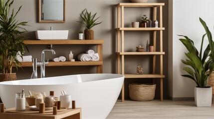 Interior of bathroom with bathtub with houseplants and wooden shelving units.