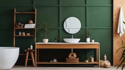 Mirror and table in modern bathroom with bathtub and green wall.