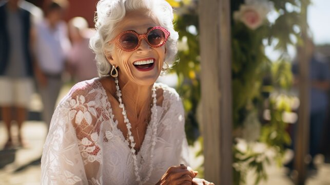 candid photo of an old woman with silver hair smiling bride at her wedding, silver ager, concept: Happiness in old age 16:9