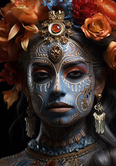 Face make-up of a Mexican woman at the Dia de los Muertos holiday, surrealism.