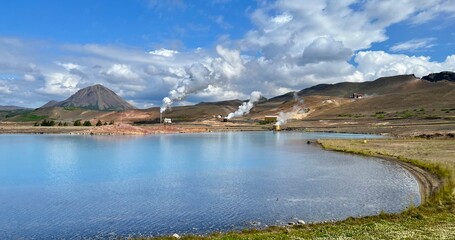 Steams coming out from Myvatn Geothermal Field in Iceland
