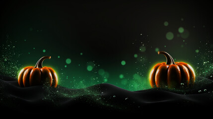 Festive banner with halloween decorations. Empty postcard with copy space. Black and green shiny glitter with pumpkins. Border or frame design with gold bokeh. Generative AI