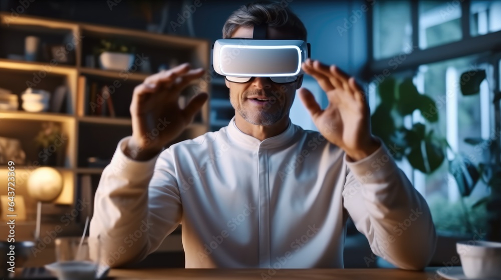 Poster man wearing a vr headset and interacting with virtual screens at home, experiencing virtual reality.