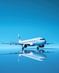 Obraz premium Model of a passenger plane on a blue background.