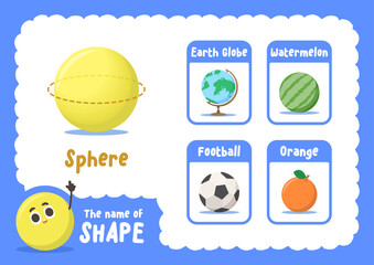 Learning sphere shape sheet with object cards, illustration cartoon vector design on white background. kid and study game concept.