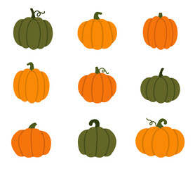 pumpkin orange yellow green vegetable fruit farm halloween food healthy harvest season art illustration vector sticker cartoon set 