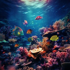 Naklejka na ściany i meble Ocean coral reef underwater view. Animals of the underwater sea world background. Beautiful view of sea life. Ecosystem. 