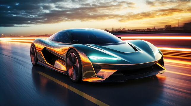 powerful acceleration of futuristic sports supercar on highway track.