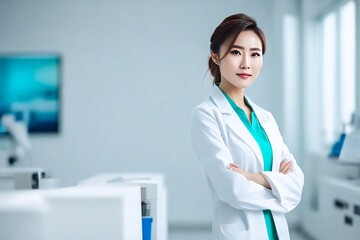Very handsome female doctor 25 year old warming white Lab Coat and bright blue-mint shirt