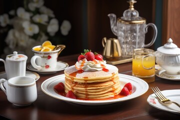 Golden pancakes with syrup, strawberries and whipped cream. Fresh fruit on the side. Irresistible deliciousness! ??????, generative IA