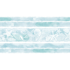 Seamless border on a marine theme. Vector illustration with seashells, starfish and blue watercolor stripes. Perfect for design templates, wallpaper, wrapping, fabric and textile.