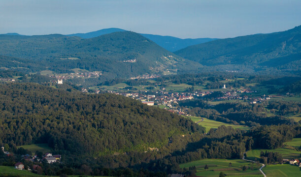 Aerial view of village Zuzemberk in river Krka valley, Slovenia