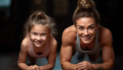 Fitness and strength training, happy mom and daughter exercise together, concept of healthy living style.