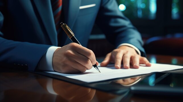 Man signed paper in formal setting, in an atmospheric and moody lighting.